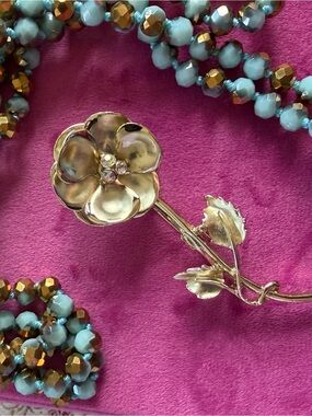 Gold Floral Rose Brooch Pin with Crystal AB Center